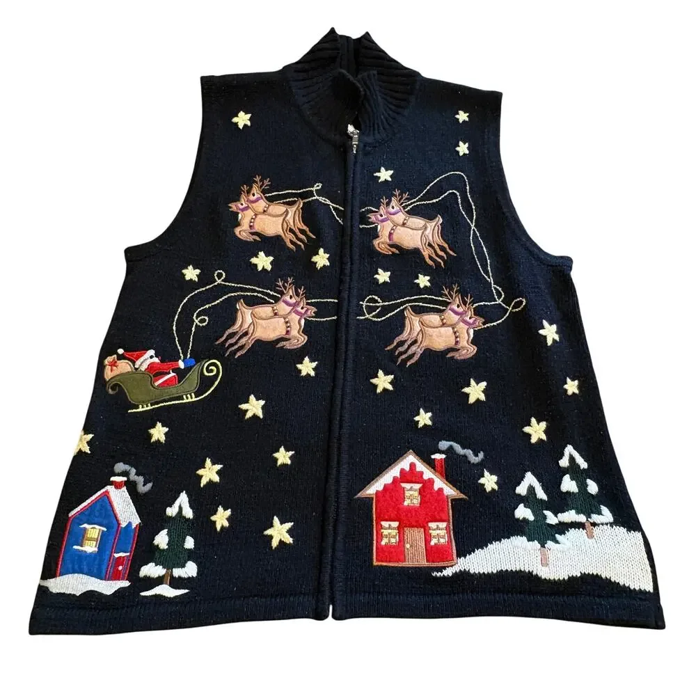 The Quacker Factory Black Embroidered Santa Christmas Reindeer Vest Ugly M